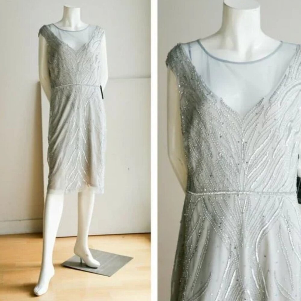 Adrianna Papell Designer Cocktail Sequin Hand Beaded Illusion Column Dress